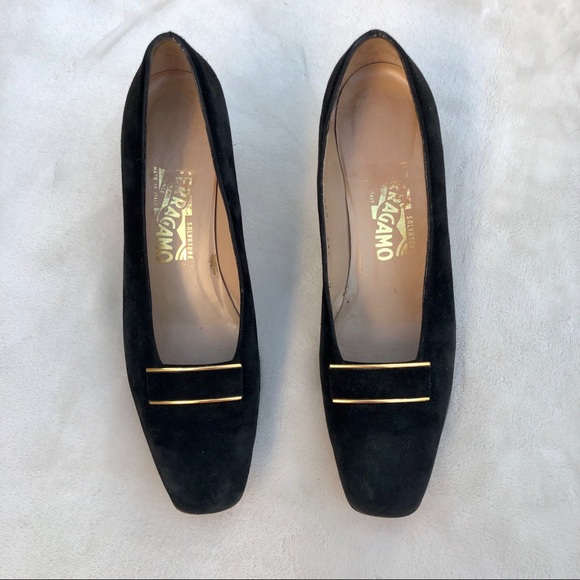 Salvatore Ferragamo Shoes - Salvatore Ferragamo Shoes Black Velvet Gold Trim Heels